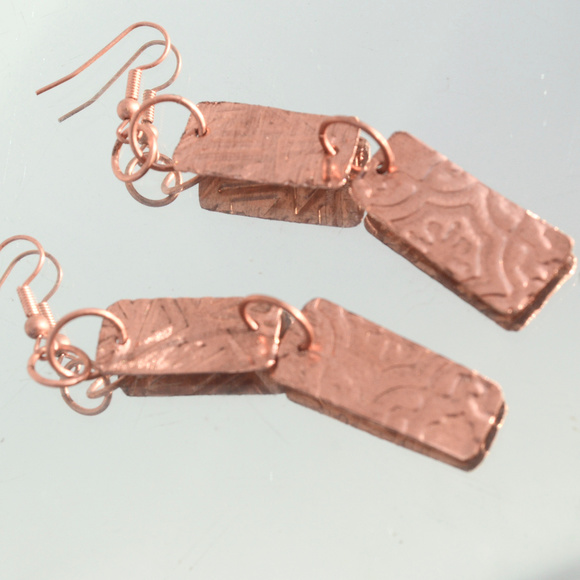 Long Embossed  Solid Copper Earrings Tribal Handmade Boho Artisan Rustic Gift - Picture 2 of 5